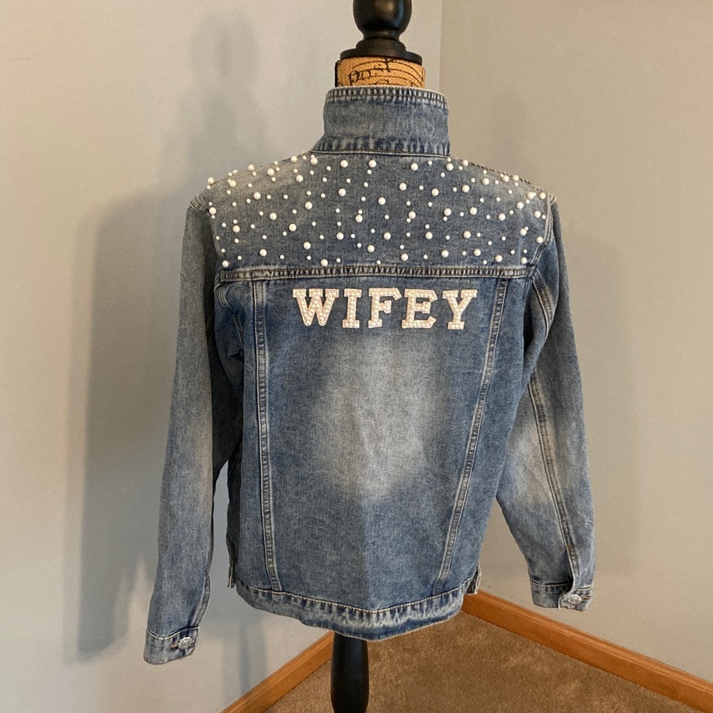 Light Blue Pearl-Beaded Denim Jacket "WIFEY" on back Women Size M by Vocal